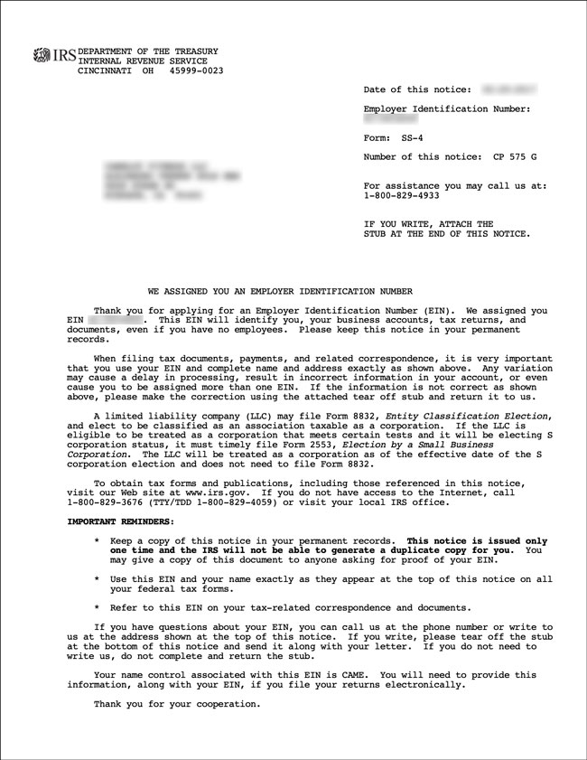 EIN Confirmation Letter CP575 for LLC