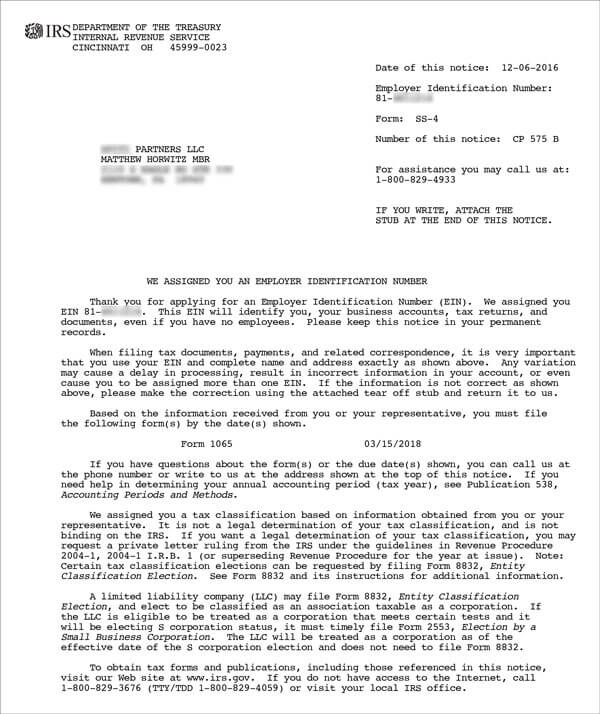 EIN Confirmation Letter (CP 575) for LLC