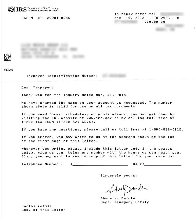 IRS LLC name change approval letter (252C)