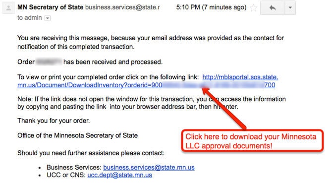 Minnesota LLC Email Message MN Secretary of State
