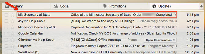 Minnesota LLC Email Subject Line MN Secretary of State