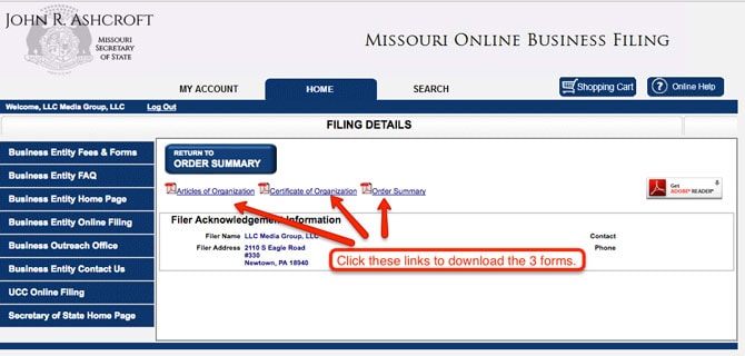 Missouri LLC Approval Certificate and Articles of Organization