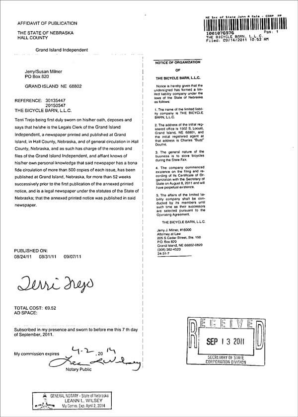 Nebraska LLC Affidavit of Publication from Newspaper