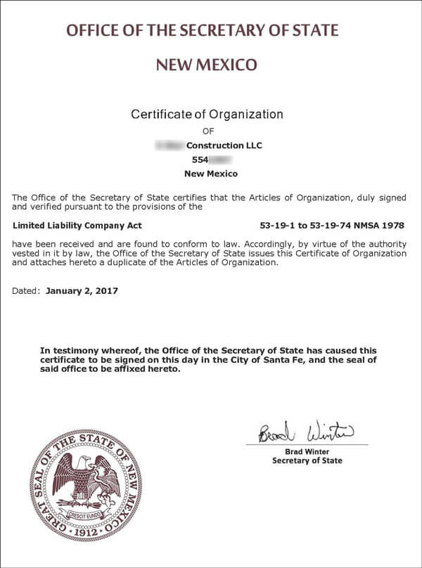 secretary of state certificate of organization