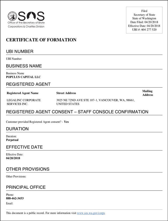 Washington LLC Approval Certificate of Formation Fulfilled