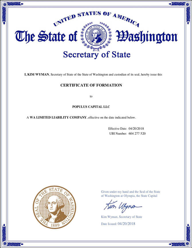 Washington LLC Approval Certificate of Formation