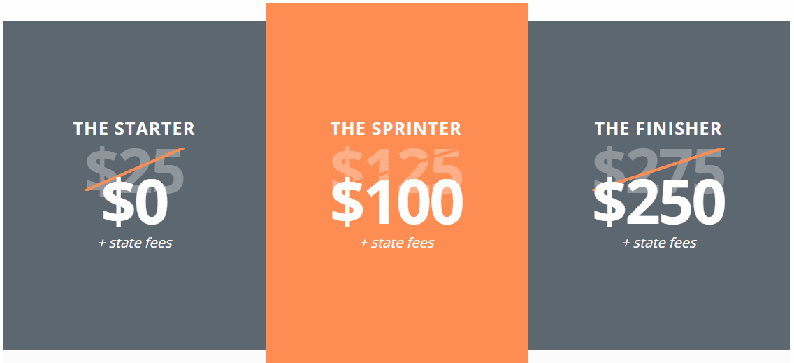 Active Filings pricing includes 3 packages: The Starter, The Sprinter, and The Finisher.