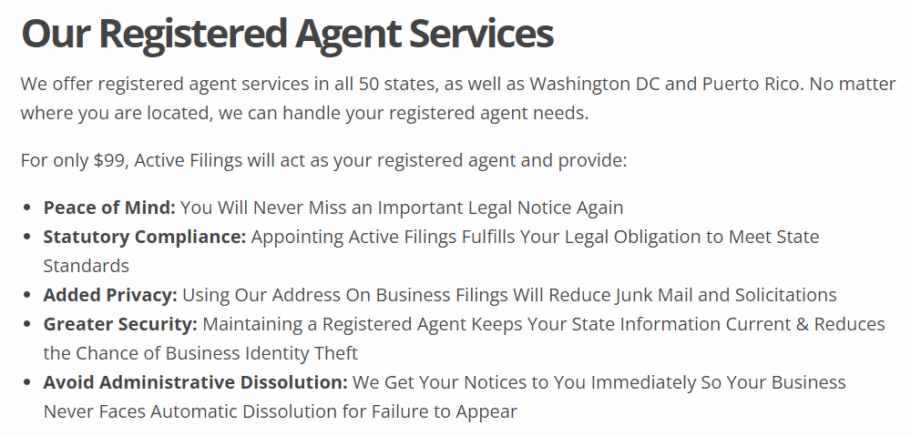 Active Filings offers Registered Agent service in all 50 state4s, Washington DC, and Puerto Rico.