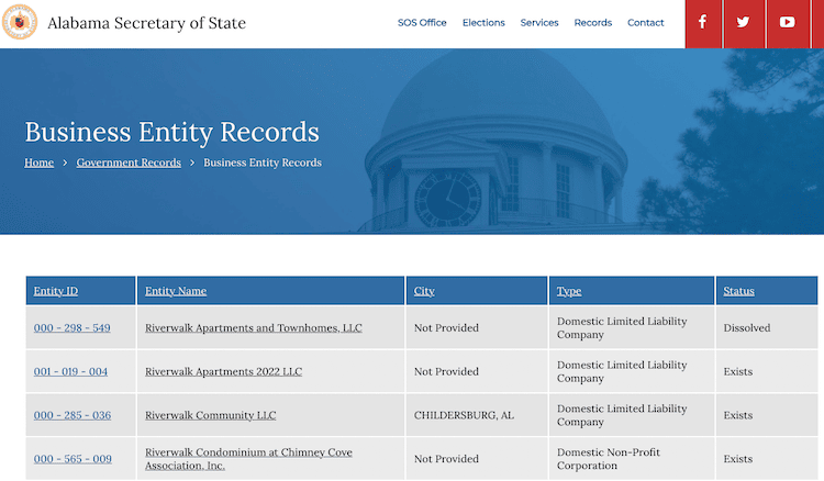 Screenshot of sample results from the Alabama Business Entity Search