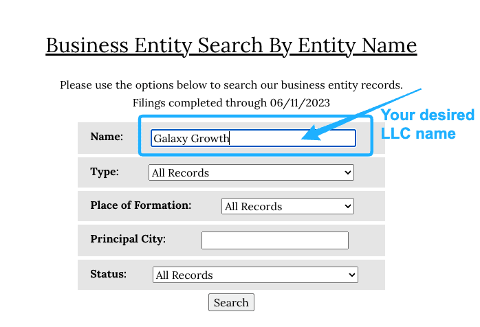 Screenshot with instructions on how to use the Alabama Business Entity Search