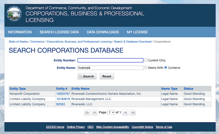 Screenshot of sample results from the Alaska Business Entity Search