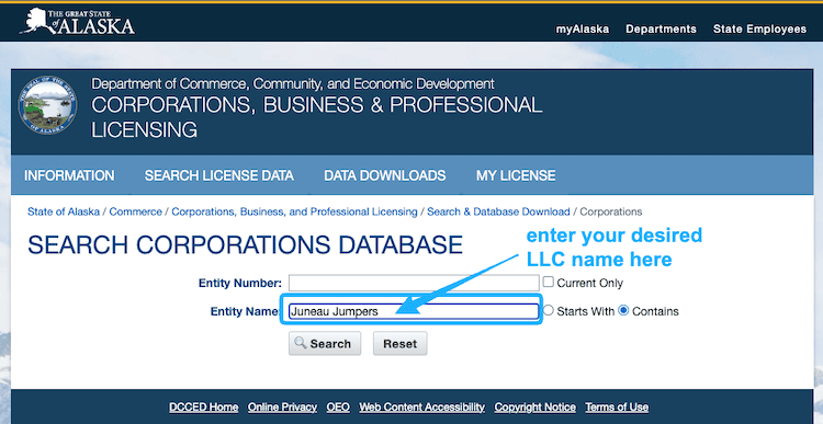 Screenshot with instructions on how to use the Alaska Business Entity Search