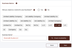 A screenshot of the Arizona Business Center's Business Name Availability check.