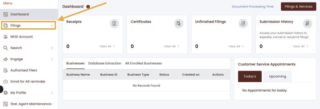 An orange arrow points to an orange box around the word Filings.