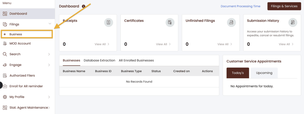 An orange arrow points to an orange box around the word Business in the Arizona Business Center Dashboard menu.