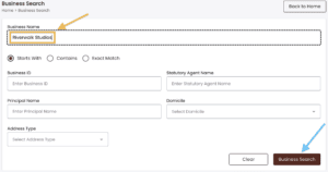 An orange arrow points to an orange box around the words Riverwalk Studios. A blue arrow points to the Business Search button.