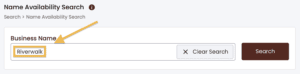 An orange arrow points to an orange box around the word Riverwalk in the Name Availability Search tool from the Arizona Business Center.