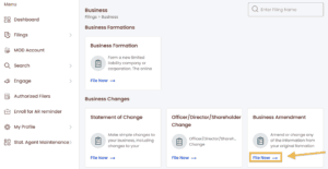 An orange arrow points to an orange box around the words File Now under Business Amendment.