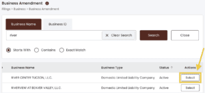 In the Business Amendment Name Search tool, a yellow arrow points to a yellow box around the Select Button.