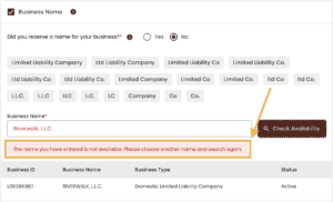 An orange arrow points to an orange box around the green box stating the business name is not available.
