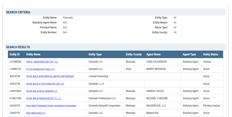 Screenshot of sample results from the Arizona Business Entity Search