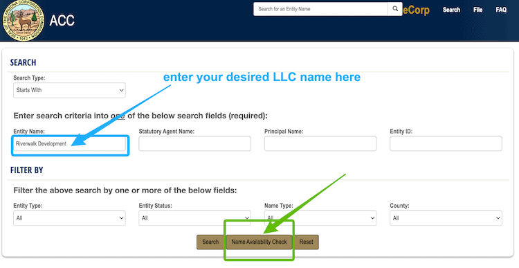 Screenshot with instructions on how to use the Arizona Business Entity Search