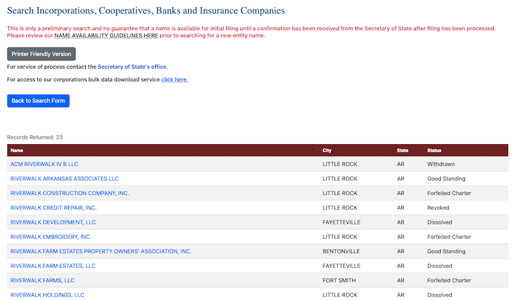 Screenshot of sample results from the Arkansas Business Entity Search