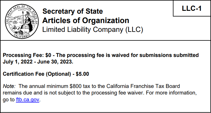 The processing fee for California LLCs have been waived until June 30, 2023