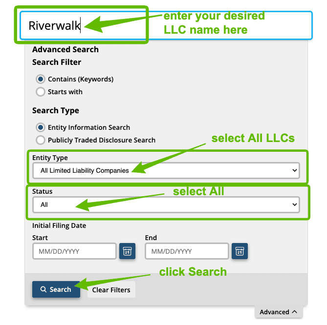 Screenshot with instructions on how to use the California Business Entity Search