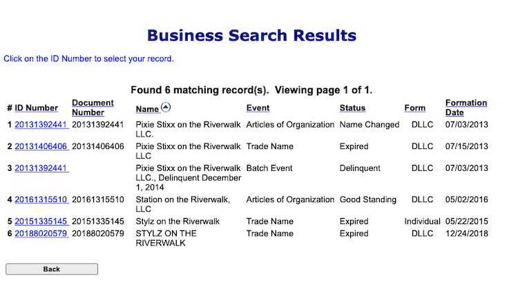 Screenshot of sample results from the Colorado Business Entity Search