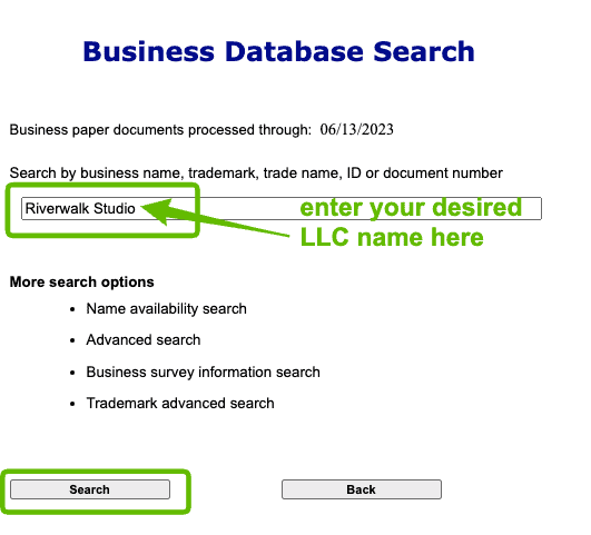 Screenshot with instructions on how to use the Colorado Business Entity Search