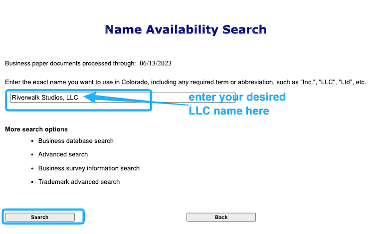 Screenshot with instructions on how to use the Colorado Business Name Availability Search