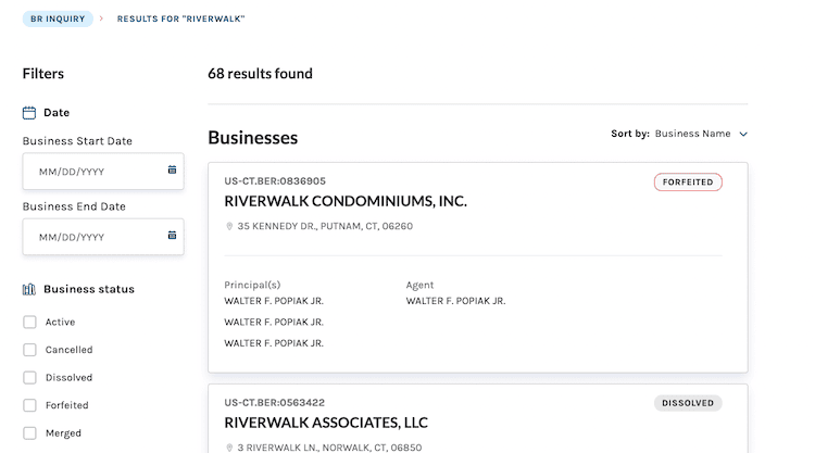 Screenshot of sample results from the Connecticut Business Entity Search