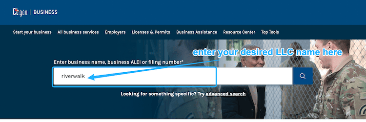 Screenshot with instructions on how to use the Connecticut Business Entity Search