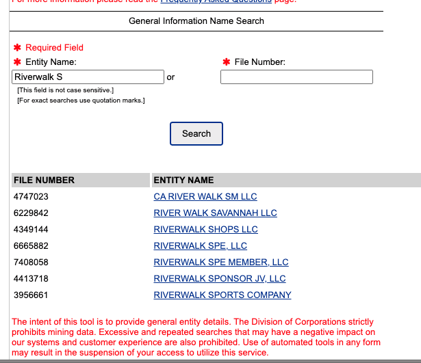 Screenshot of sample results from the Delaware Business Entity Search