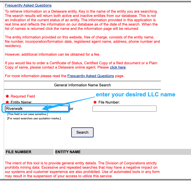 Screenshot with instructions on how to use the Delaware Business Entity Search