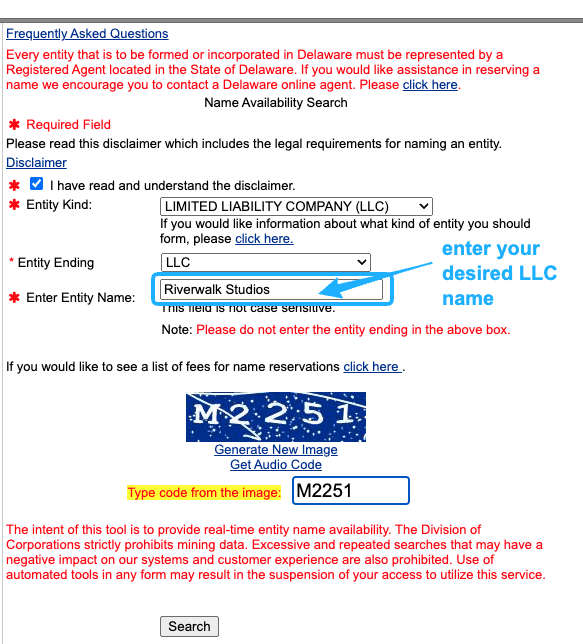 Screenshot with instructions on how to use the Delaware Business Name Availability Search