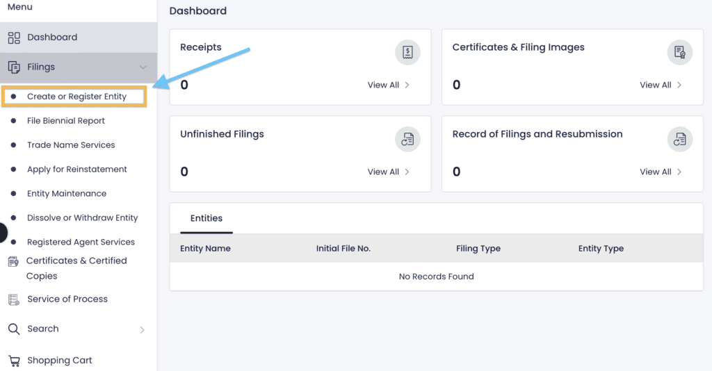 In the DC CorpOnline dashboard, a blue arrow points to an orange box around the words Crete or Register Entity.