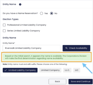 In the DC Articles of Organization filing, a blue arrow points at an orange box around the name availability confirmation message.