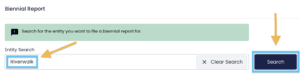 In the DC CorpOnline Biennial Report filing, an orange arrow points to a blue box around the sample search term Riverwalk. A second orange arrow points to a blue box around the Search button.