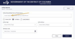 In the DLCP Business Entity Search, an orange arrow points to the Entity Name field where you'll enter your business name.