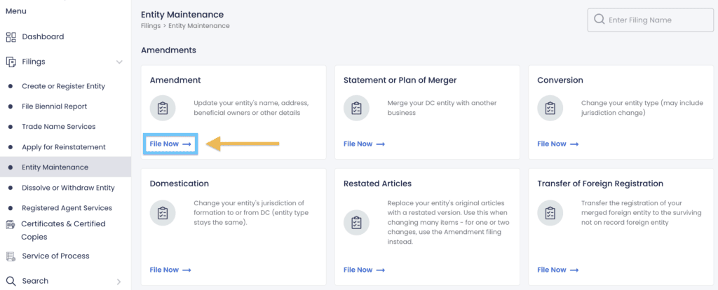 In the DC CorpOnline dashboard, an orange arrow points to a blue box around the words File Now in the Amendment section.