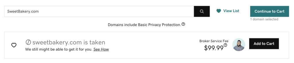 GoDaddy search result example: Domain name unavailable