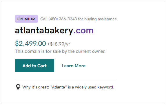 GoDaddy search result example: expensive domain name