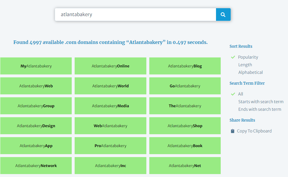 Lean Domain Search: Specific business name search results