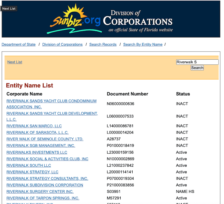 Screenshot of sample results from the Florida Business Entity Search