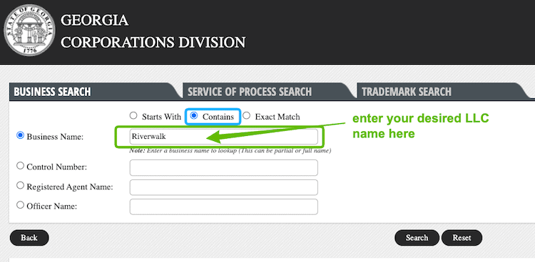 Screenshot with instructions on how to use the Georgia Business Entity Search