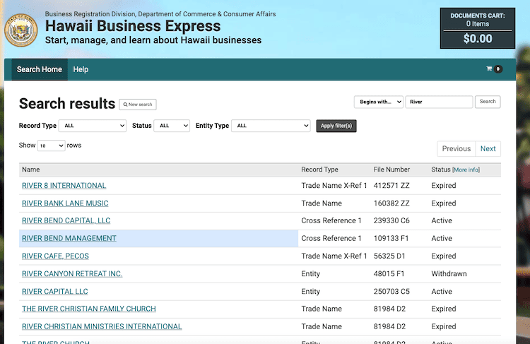 Screenshot of sample results from the Hawaii Business Entity Search