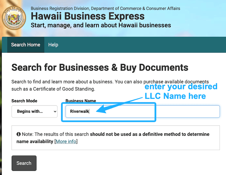 Screenshot with instructions on how to use the Hawaii Business Entity Search