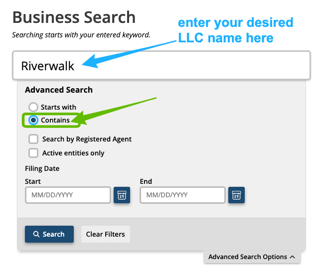 Screenshot with instructions on how to use the Idaho Business Entity Search
